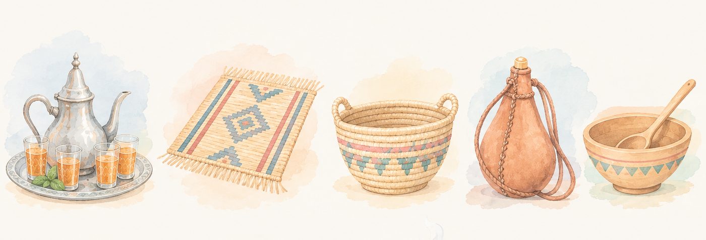 Artisanat mauritanien : théière, tapis, panier, outre, mortier