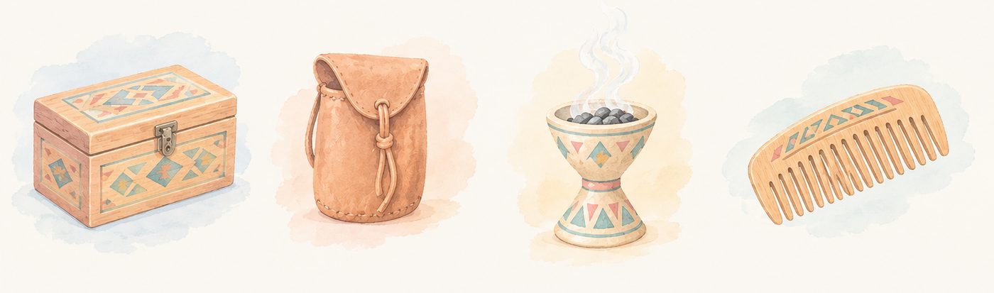 Objets traditionnels : coffret, sacoche, brûle-encens, peigne